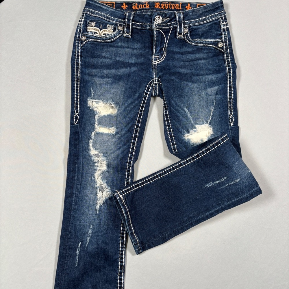 Rock Revival Karla Capri Womens 25 Blue Distressed Embellished E8452P4 Jeans